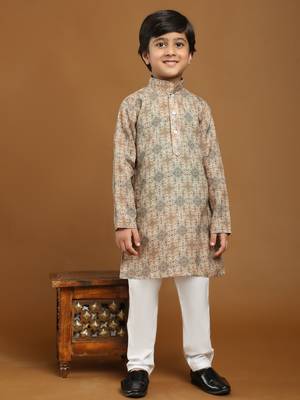 Brown Printed Cotton Jacquard Kurta Pajama Set for Boys Ethnic Wear 7