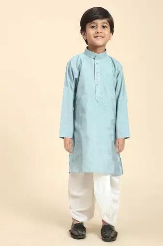 Blue Printed Cotton Printed Dhoti kurta Set for Boys Ethnic Wear