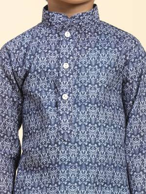Navy Blue Printed Cotton Jacquard Kurta Pajama Set for Boys Ethnic Wear 2