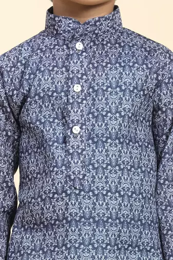 Navy Blue Printed Cotton Jacquard Kurta Pajama Set for Boys Ethnic Wear
