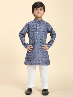 Navy Blue Printed Cotton Jacquard Kurta Pajama Set for Boys Ethnic Wear 3