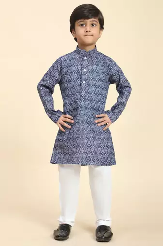 Navy Blue Printed Cotton Jacquard Kurta Pajama Set for Boys Ethnic Wear