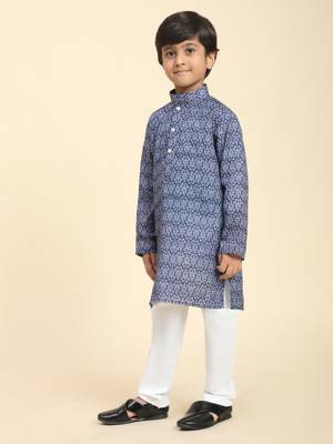Navy Blue Printed Cotton Jacquard Kurta Pajama Set for Boys Ethnic Wear 4