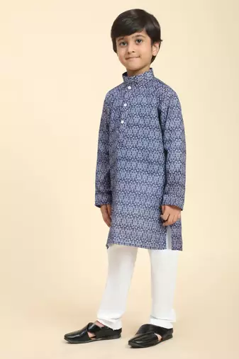 Navy Blue Printed Cotton Jacquard Kurta Pajama Set for Boys Ethnic Wear