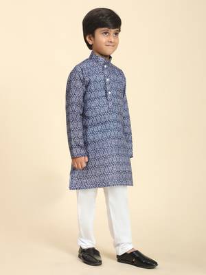Navy Blue Printed Cotton Jacquard Kurta Pajama Set for Boys Ethnic Wear 5