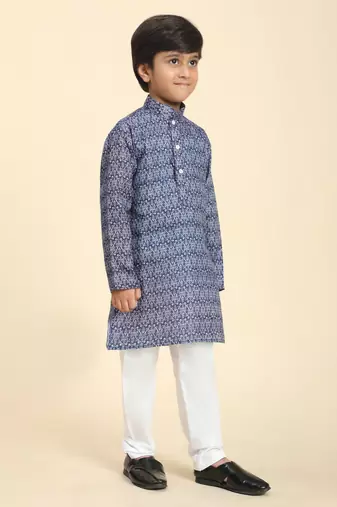 Navy Blue Printed Cotton Jacquard Kurta Pajama Set for Boys Ethnic Wear