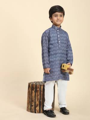 Navy Blue Printed Cotton Jacquard Kurta Pajama Set for Boys Ethnic Wear 6