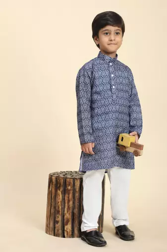 Navy Blue Printed Cotton Jacquard Kurta Pajama Set for Boys Ethnic Wear