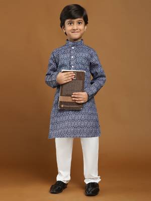 Navy Blue Printed Cotton Jacquard Kurta Pajama Set for Boys Ethnic Wear 1