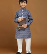 Navy Blue Printed Cotton Jacquard Kurta Pajama Set for Boys Ethnic Wear