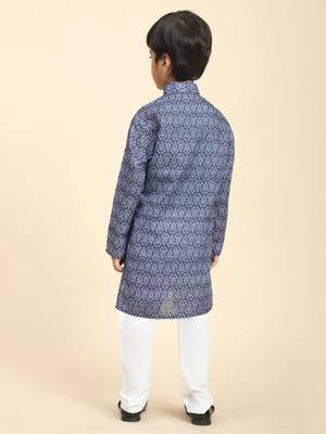 Navy Blue Printed Cotton Jacquard Kurta Pajama Set for Boys Ethnic Wear 7