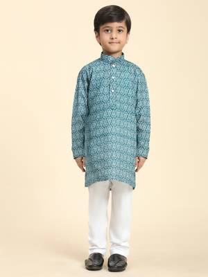 Green Printed Cotton Jacquard Kurta Pajama Set for Boys Ethnic Wear 1