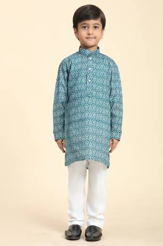 Green Printed Cotton Jacquard Kurta Pajama Set for Boys Ethnic Wear