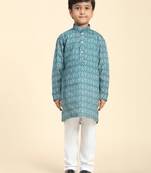 Green Printed Cotton Jacquard Kurta Pajama Set for Boys Ethnic Wear