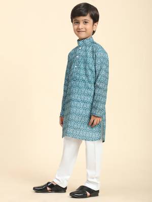 Green Printed Cotton Jacquard Kurta Pajama Set for Boys Ethnic Wear 2