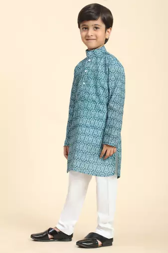 Green Printed Cotton Jacquard Kurta Pajama Set for Boys Ethnic Wear