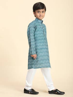 Green Printed Cotton Jacquard Kurta Pajama Set for Boys Ethnic Wear 3