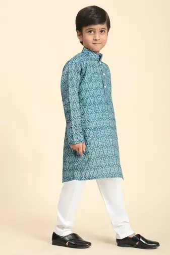 Green Printed Cotton Jacquard Kurta Pajama Set for Boys Ethnic Wear