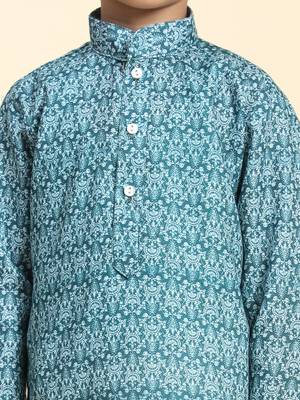 Green Printed Cotton Jacquard Kurta Pajama Set for Boys Ethnic Wear 4