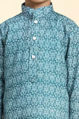 Green Printed Cotton Jacquard Kurta Pajama Set for Boys Ethnic Wear
