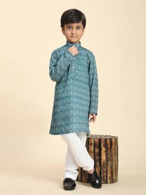 Green Printed Cotton Jacquard Kurta Pajama Set for Boys Ethnic Wear 5