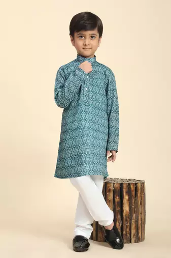 Green Printed Cotton Jacquard Kurta Pajama Set for Boys Ethnic Wear