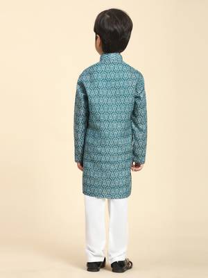 Green Printed Cotton Jacquard Kurta Pajama Set for Boys Ethnic Wear 6