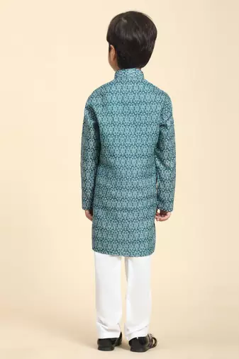 Green Printed Cotton Jacquard Kurta Pajama Set for Boys Ethnic Wear
