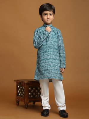 Green Printed Cotton Jacquard Kurta Pajama Set for Boys Ethnic Wear 7