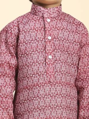 Maroon Printed Cotton Jacquard Kurta Pajama Set for Boys Ethnic Wear 2