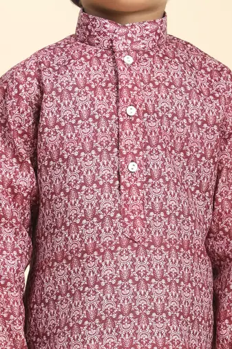 Maroon Printed Cotton Jacquard Kurta Pajama Set for Boys Ethnic Wear