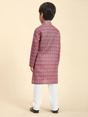 Maroon Printed Cotton Jacquard Kurta Pajama Set for Boys Ethnic Wear 3