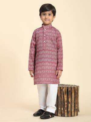 Maroon Printed Cotton Jacquard Kurta Pajama Set for Boys Ethnic Wear 4