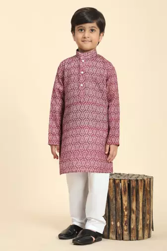 Maroon Printed Cotton Jacquard Kurta Pajama Set for Boys Ethnic Wear