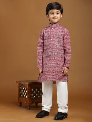 Maroon Printed Cotton Jacquard Kurta Pajama Set for Boys Ethnic Wear 5