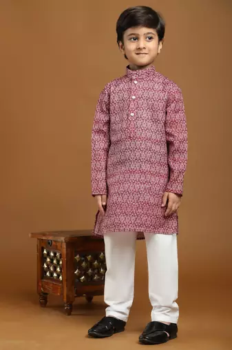 Maroon Printed Cotton Jacquard Kurta Pajama Set for Boys Ethnic Wear