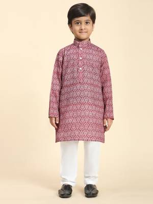 Maroon Printed Cotton Jacquard Kurta Pajama Set for Boys Ethnic Wear 6