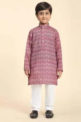 Maroon Printed Cotton Jacquard Kurta Pajama Set for Boys Ethnic Wear