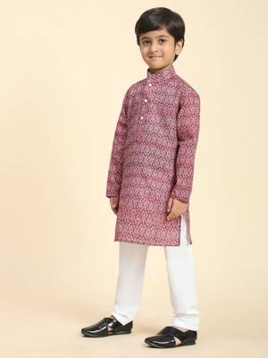 Maroon Printed Cotton Jacquard Kurta Pajama Set for Boys Ethnic Wear 1