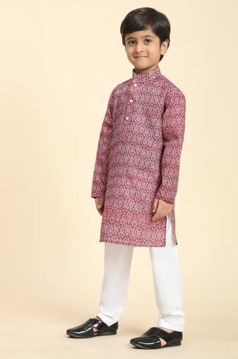 Maroon Printed Cotton Jacquard Kurta Pajama Set for Boys Ethnic Wear