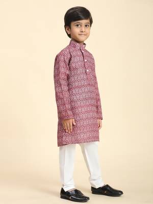 Maroon Printed Cotton Jacquard Kurta Pajama Set for Boys Ethnic Wear 7