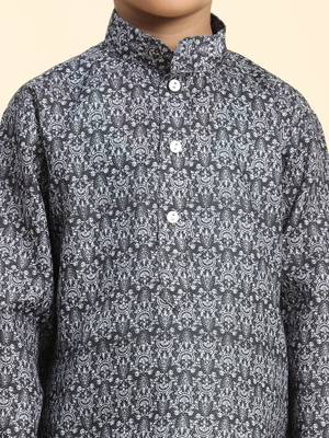 Black Printed Cotton Jacquard Kurta Pajama Set for Boys Ethnic Wear 2