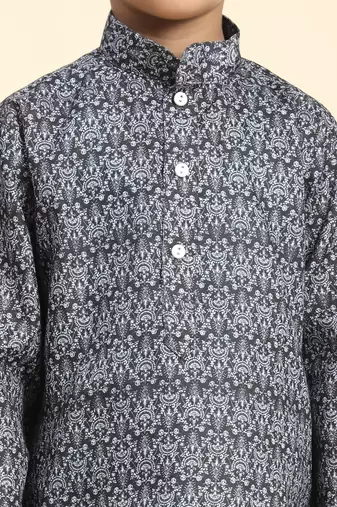 Black Printed Cotton Jacquard Kurta Pajama Set for Boys Ethnic Wear