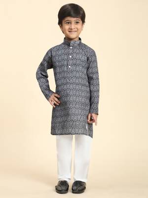 Black Printed Cotton Jacquard Kurta Pajama Set for Boys Ethnic Wear 3