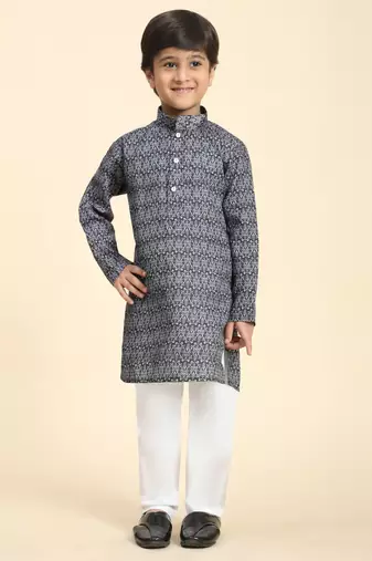 Black Printed Cotton Jacquard Kurta Pajama Set for Boys Ethnic Wear