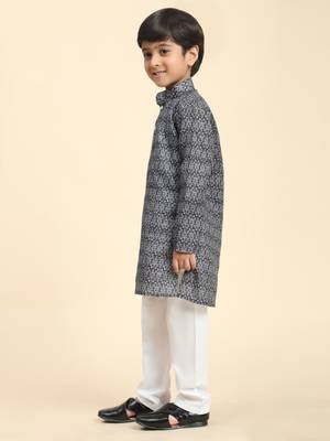 Black Printed Cotton Jacquard Kurta Pajama Set for Boys Ethnic Wear 4