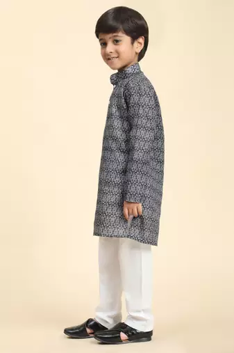 Black Printed Cotton Jacquard Kurta Pajama Set for Boys Ethnic Wear