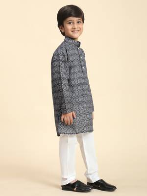 Black Printed Cotton Jacquard Kurta Pajama Set for Boys Ethnic Wear 5