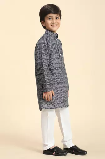 Black Printed Cotton Jacquard Kurta Pajama Set for Boys Ethnic Wear
