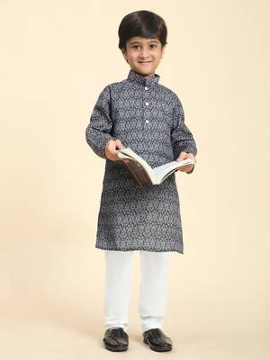 Black Printed Cotton Jacquard Kurta Pajama Set for Boys Ethnic Wear 6